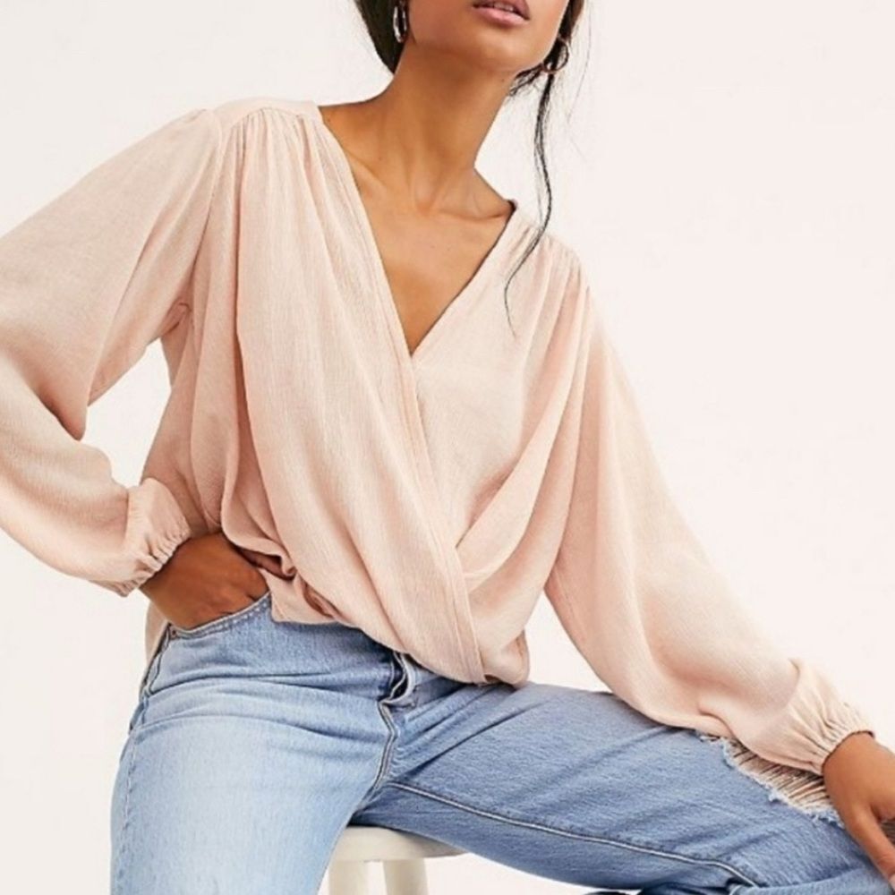 Free People Check On It Pink Nectar Crinkle Wrap Long Sleeve Blouse Size Medium